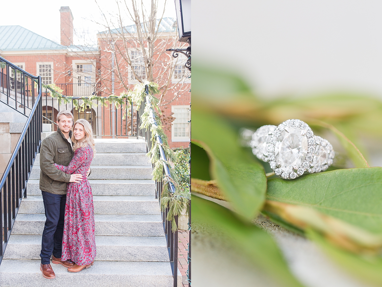 Winston-Salem Engagement Session couple standing on steps and detail of ring Photos