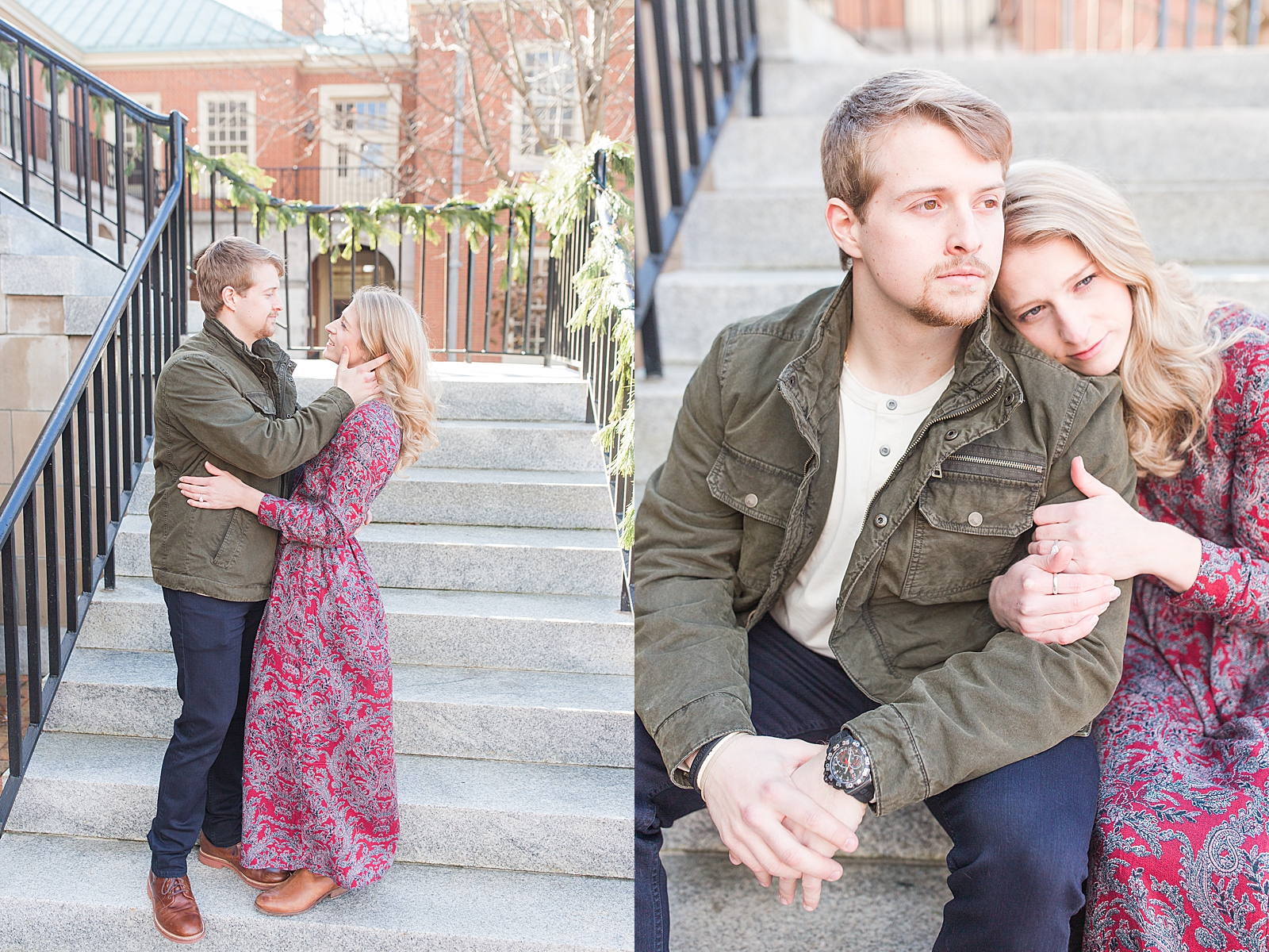 Winston-Salem Engagement Session Couple smiling at each other and looking off on steps Photos