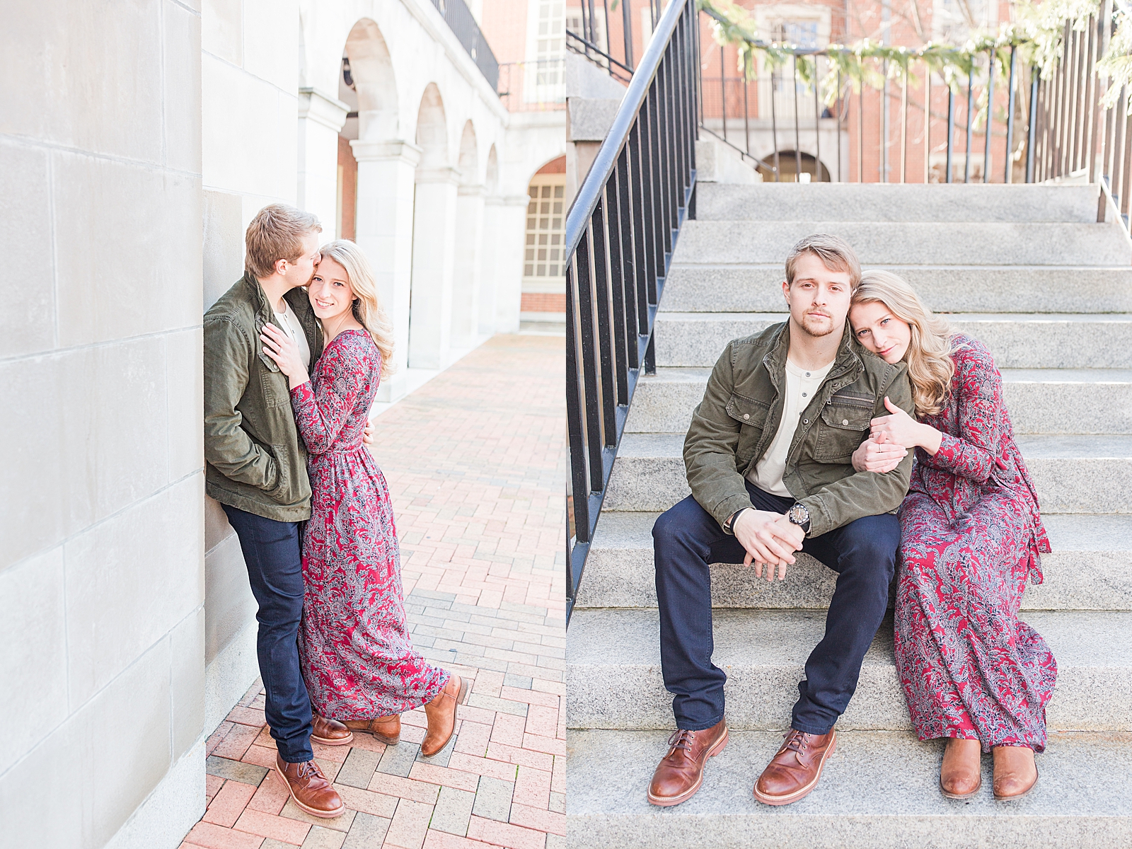 Winston-Salem Engagement Session Couple hugging leaning against a wall and looking at camera sitting on stairs Photos