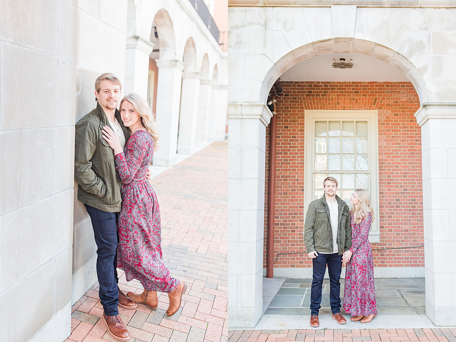 Winston-Salem Engagement Session Couple smiling at camera leaning against a wall and couple standing under an arch Katie smiling at Chris Photos