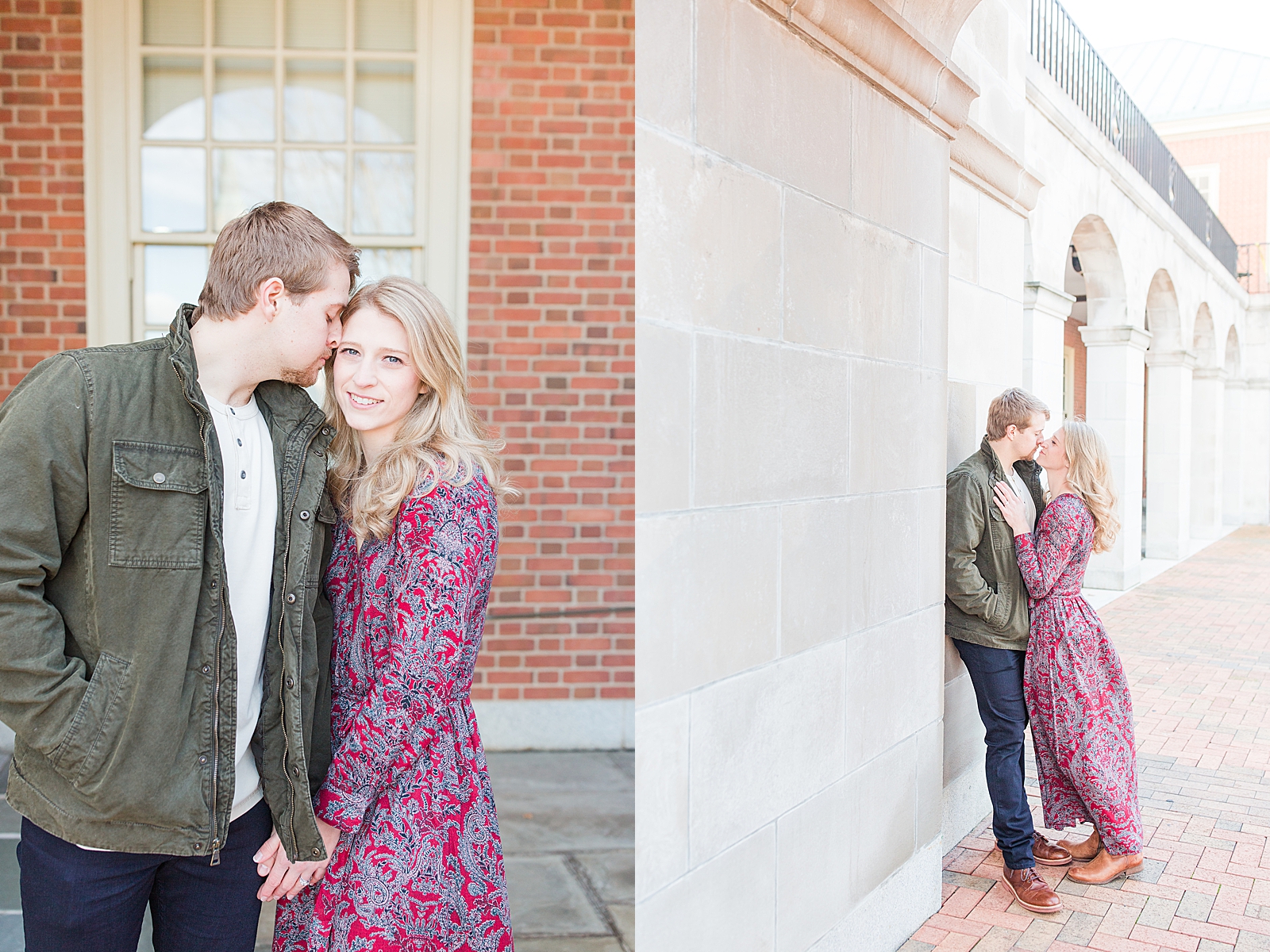 Winston-Salem Engagement Session Chris nuzzling while Katie looks at the camera and couple nose to nose leaning against a wall Photos