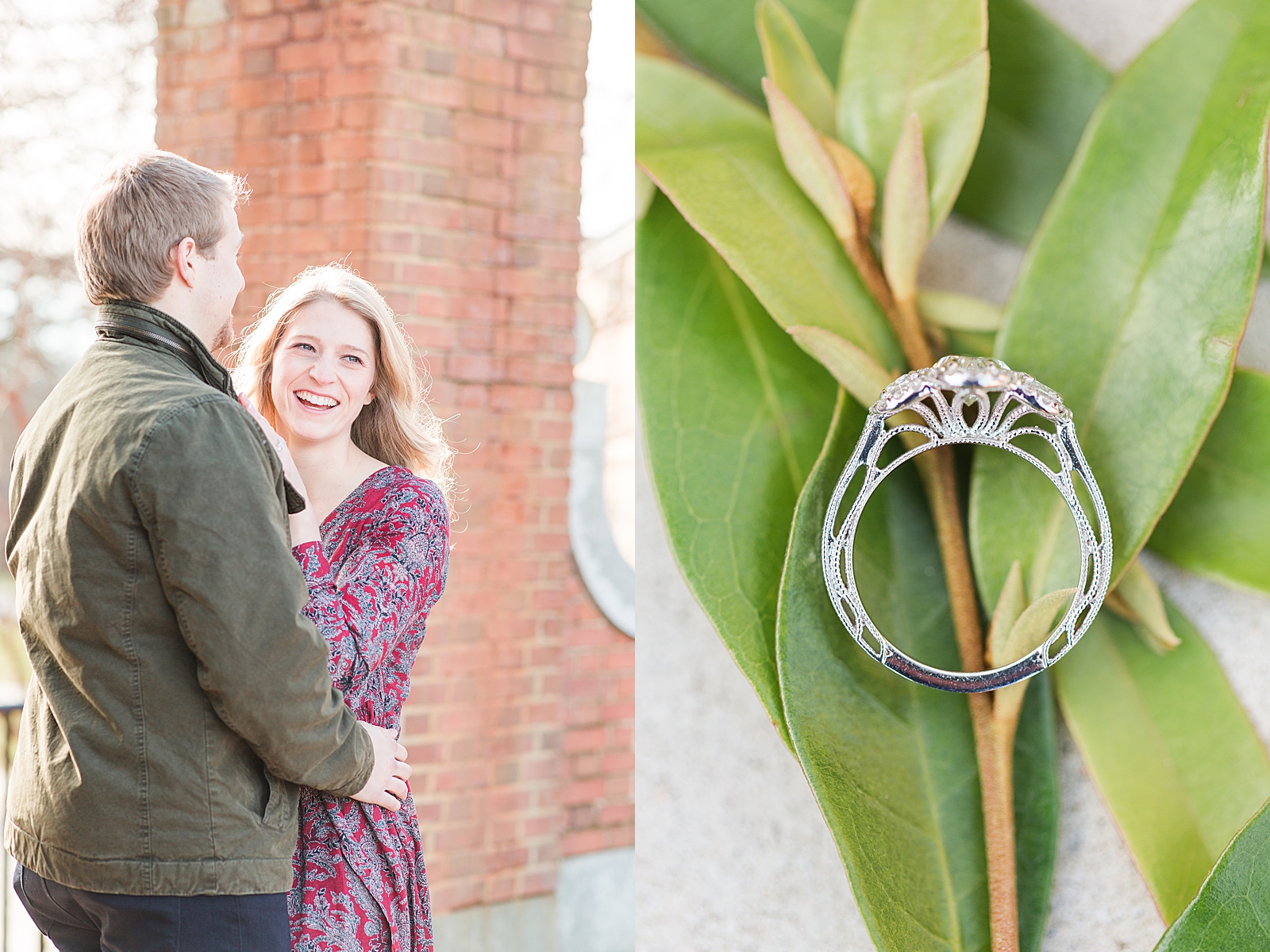 Winston-Salem Engagement Session couple hugging and smiling and detail of ring Photos
