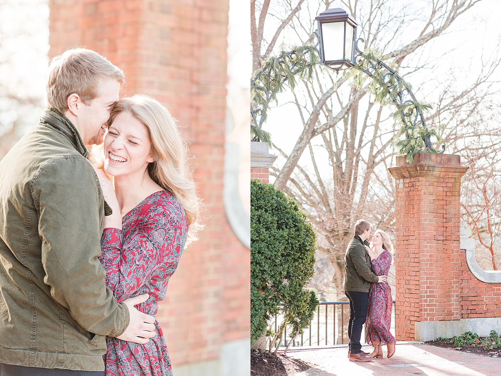 Winston-Salem Engagement Session Couple hugging laughing and smiling at each other under archway Photos
