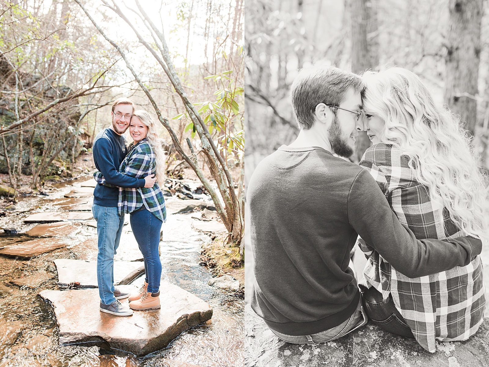 Ocoee River Engagement Session Cody and Haley smiling at camera on rock in river and black and white of couple nose to nose Photos