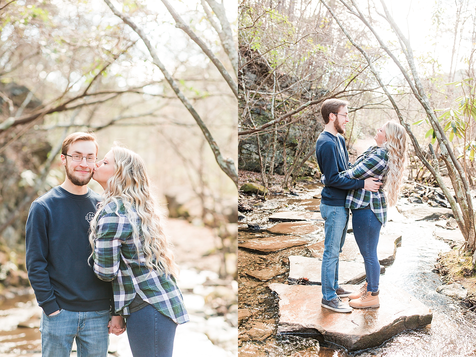 Ocoee River Engagement Session Haley kissing Cody on the cheek and couple laughing at each other Photos