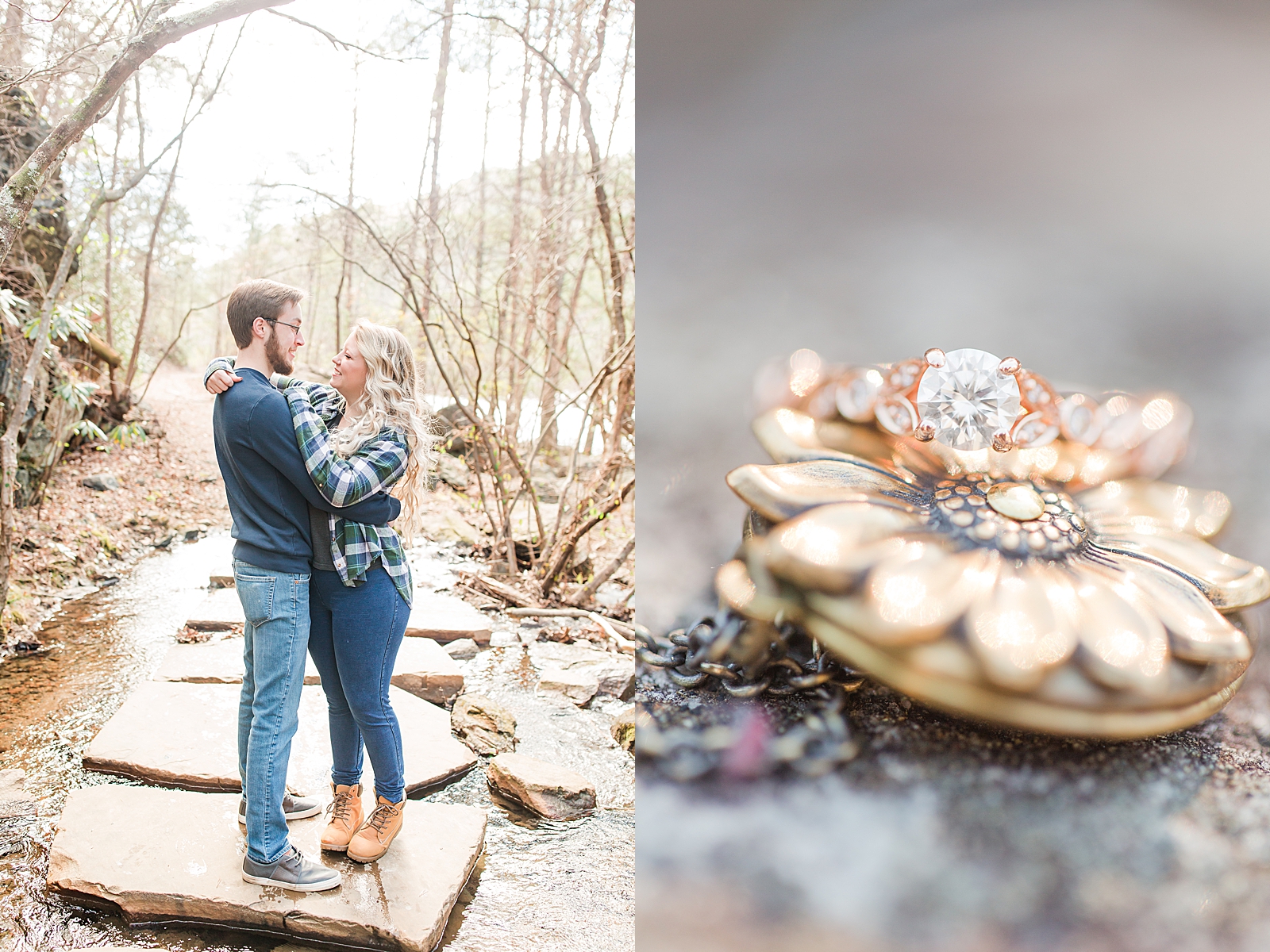 Ocoee River Engagement Session Cody and Haley hugging and detail of engagement ring on flower locket Photo