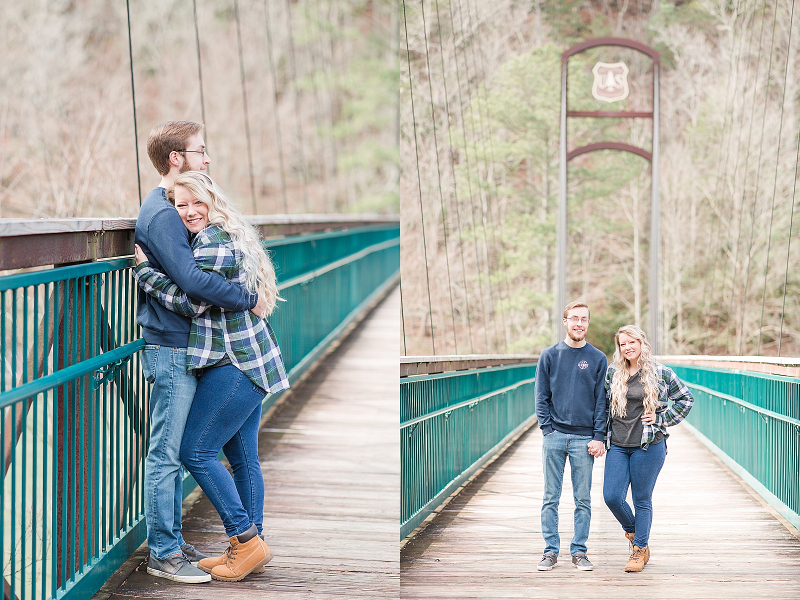 Ocoee River Engagement Session Cody and Haley hugging and holding hands on TVA bridge Photos