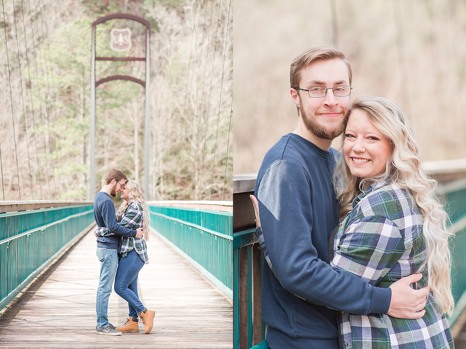Ocoee River Engagement Session Cody and Haley nose to nose and smiling at camera on bridge Photos