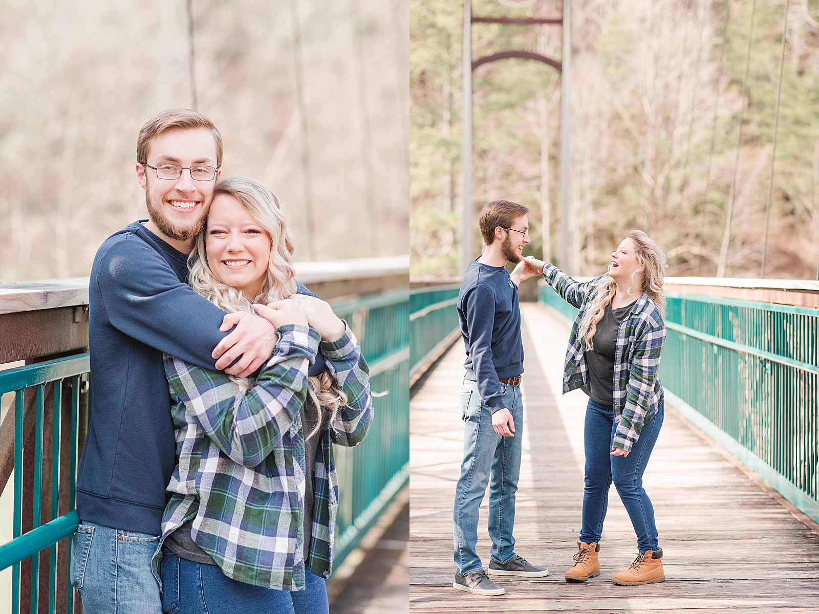 Ocoee River Engagement Session Cody and Haley hugging and dancing on bridge Photos