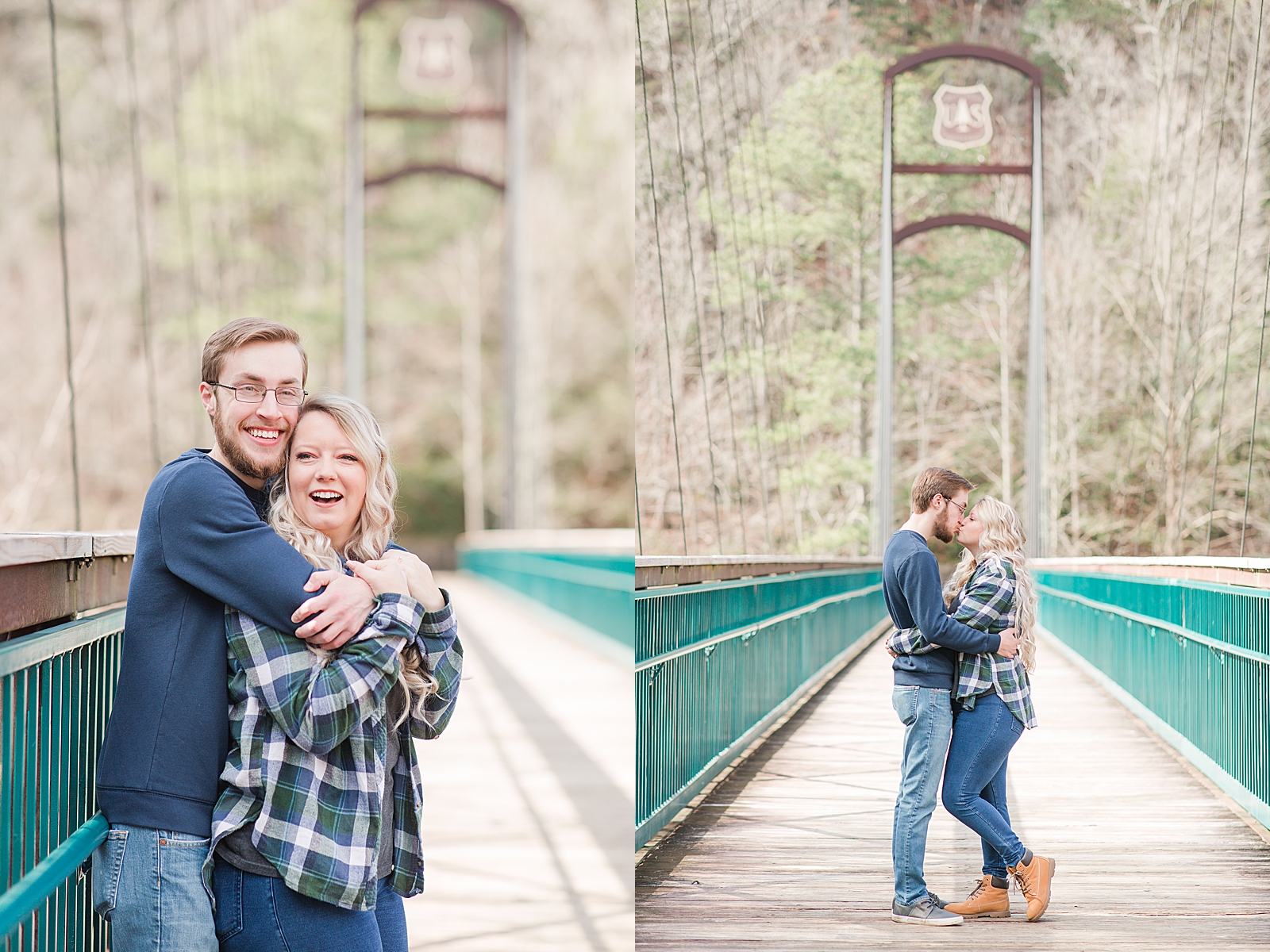 Ocoee River Engagement Session Cody and Haley hugging and kissing on bridge Photos