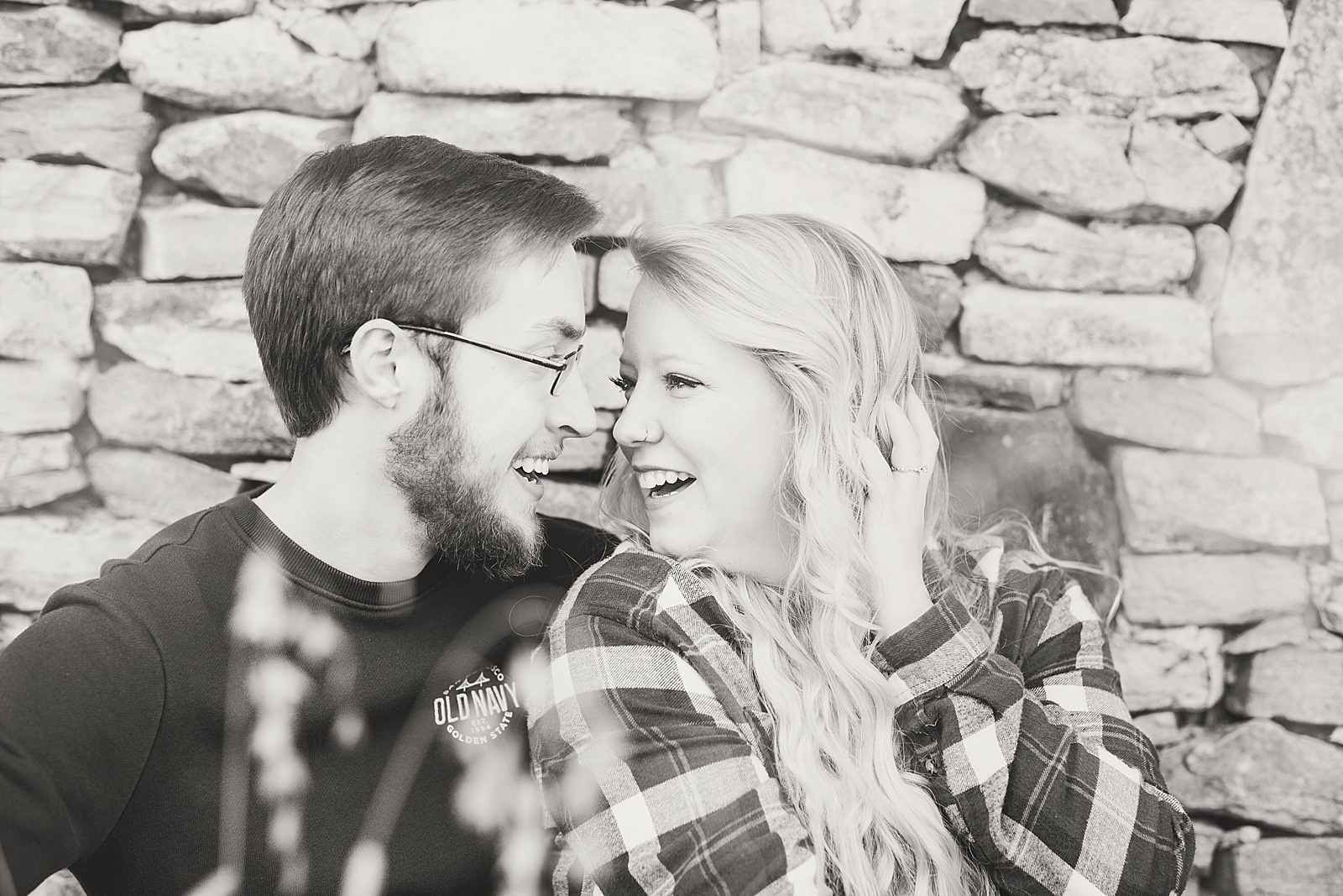 Ocoee River Engagement Session Black and White of Cody and Haley Smiling at each other Photo