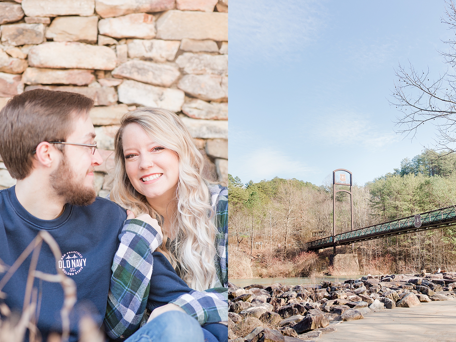 Ocoee River Engagement Session Haley smiling at camera and Cody smiling at her and TVA bridge Photos