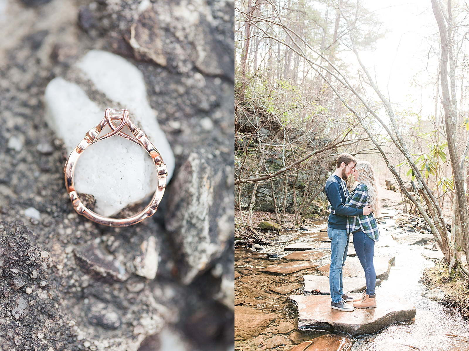 Ocoee River Engagement Session Ring Detail and Cody and Haley hugging standing on rock in river Photos