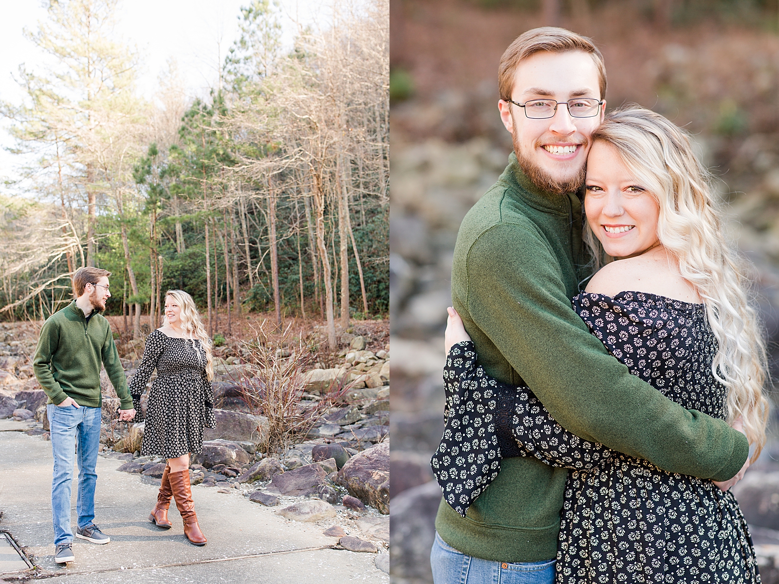Ocoee River Engagement Session Cody and Haley walking smiling at each other and smiling at the camera photos