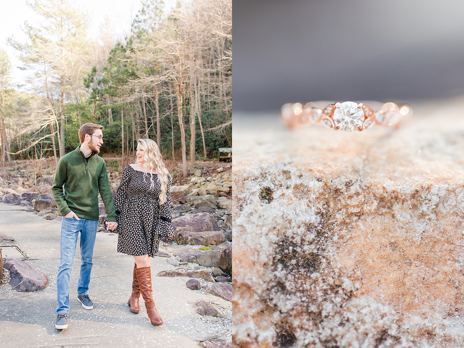 Ocoee River Engagement Session Cody and Haley walking holding hands and detail of engagement ring Photos