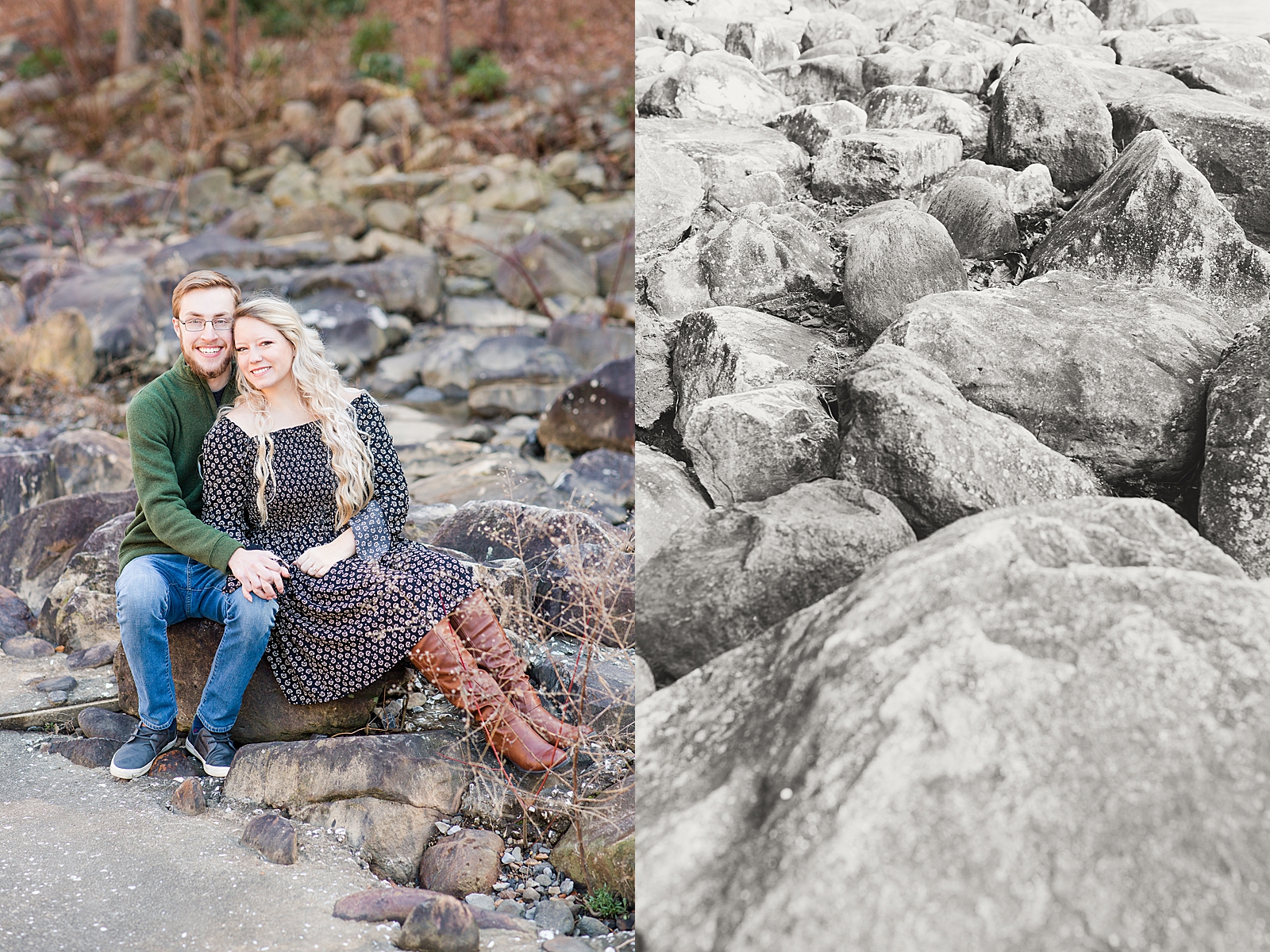 Ocoee River Engagement Session Cody and Haley sitting on the rocks smiling and black and white of river rocks Photos