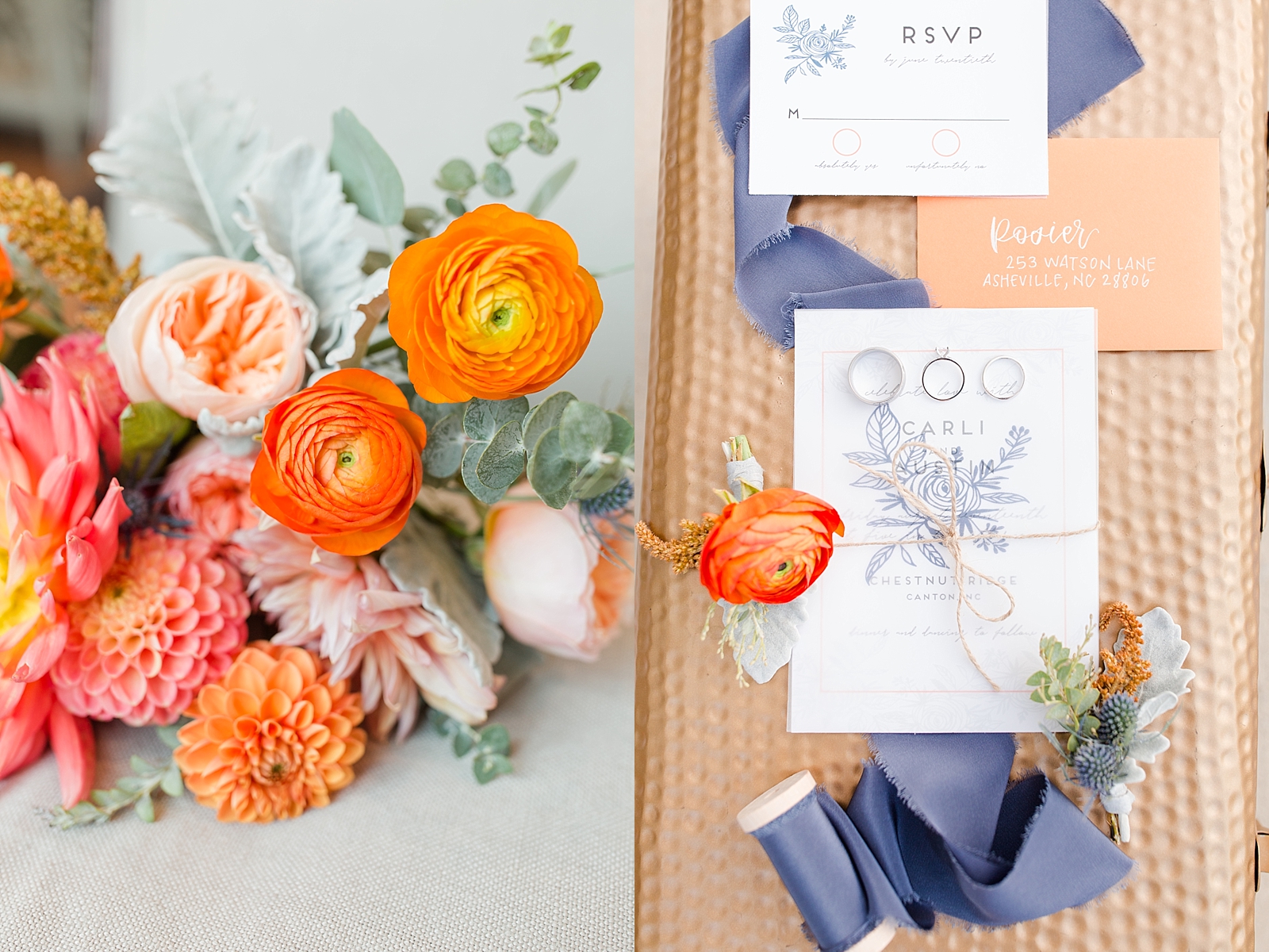 Chestnut Ridge Wedding bridal bouquet with orange blooms and invitation suite flat lay Photos