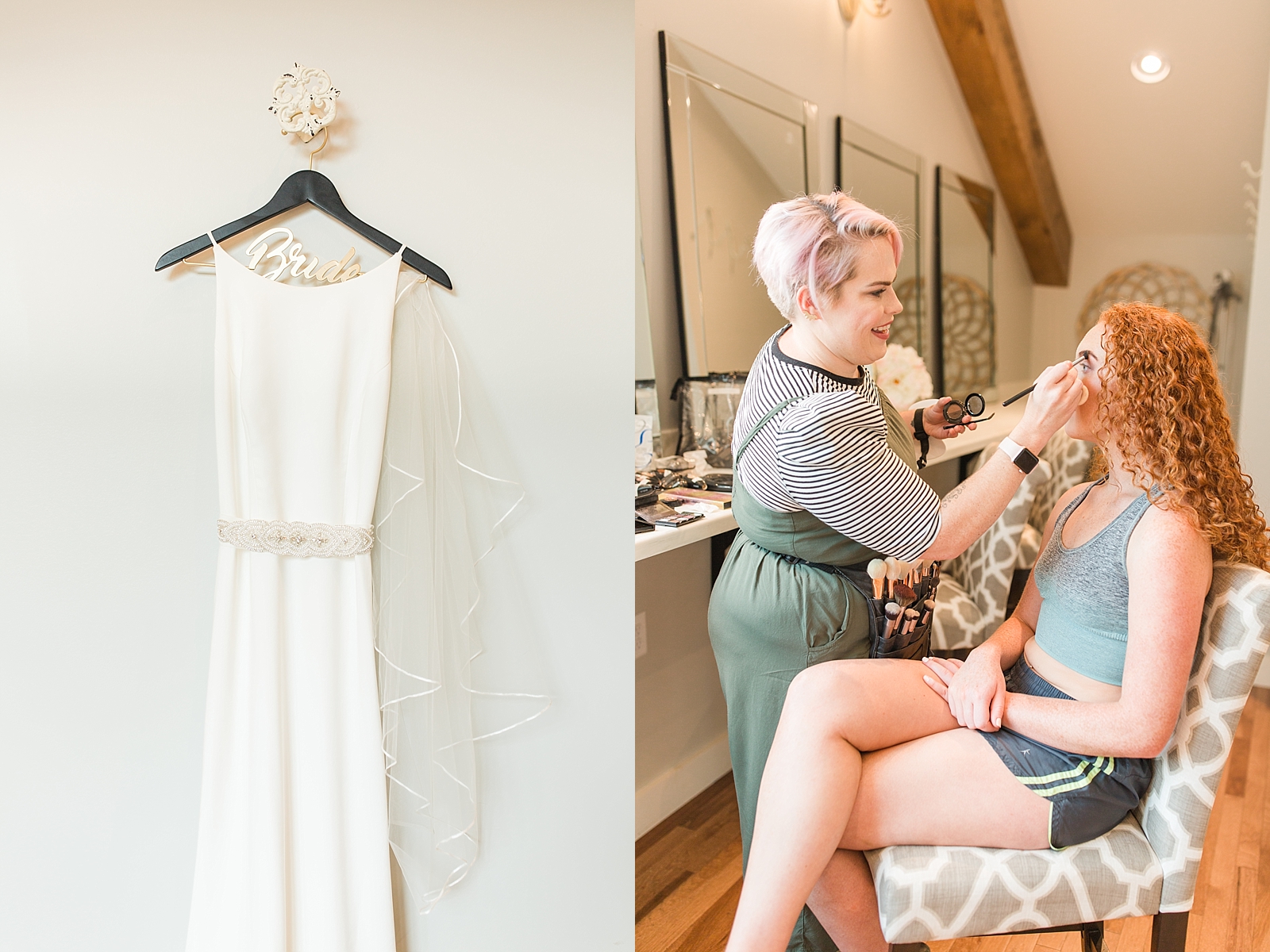 Chestnut Ridge Wedding bridal gown on hanger and bride getting make up done Photos