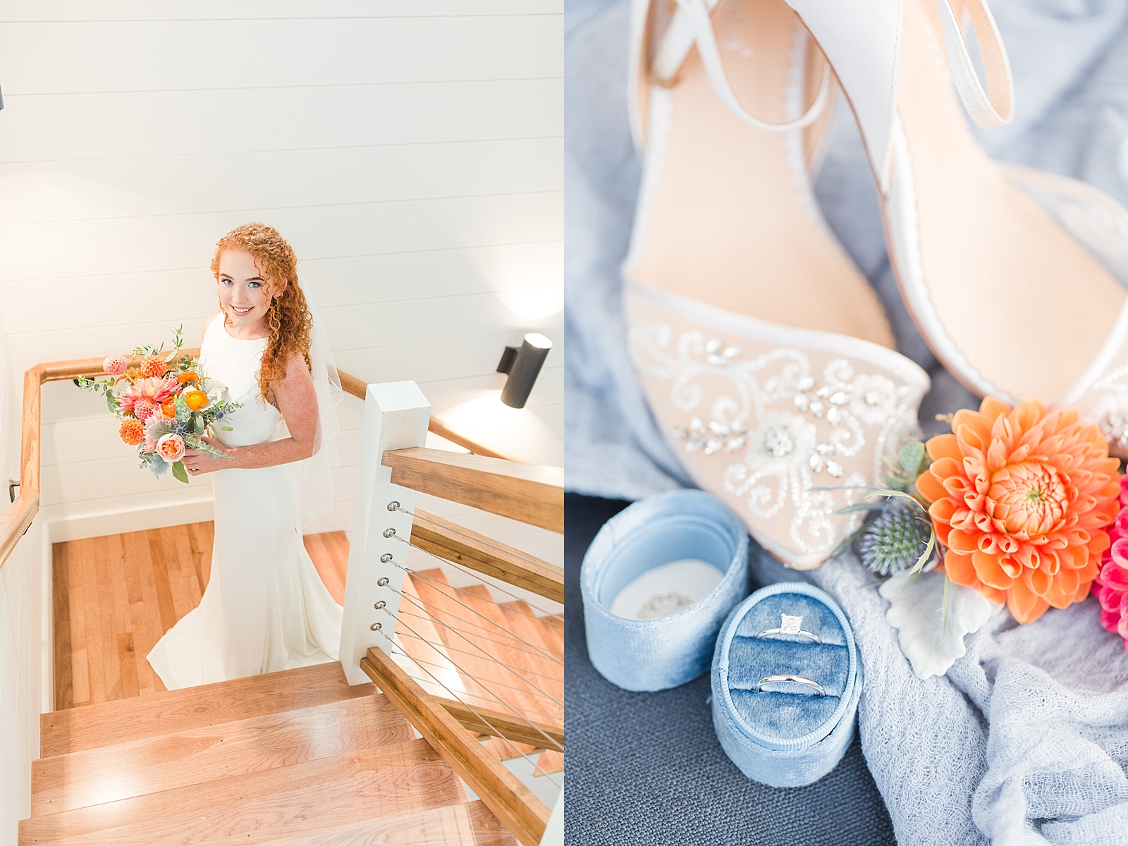 Chestnut Ridge Wedding bridal portrait on stairs and bridal shoes with wedding rings and orange flower Photos