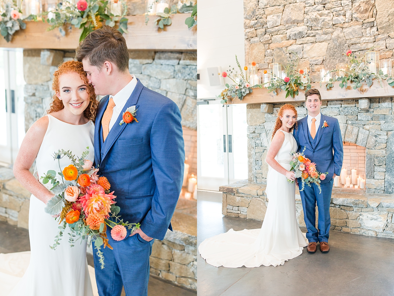 Chestnut Ridge Wedding bride and groom in front of stack stone fire place Photos