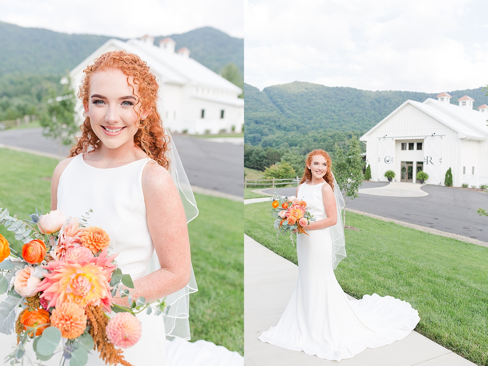 Chestnut Ridge Wedding stunning bride with red curly hair in front of white barn Photos