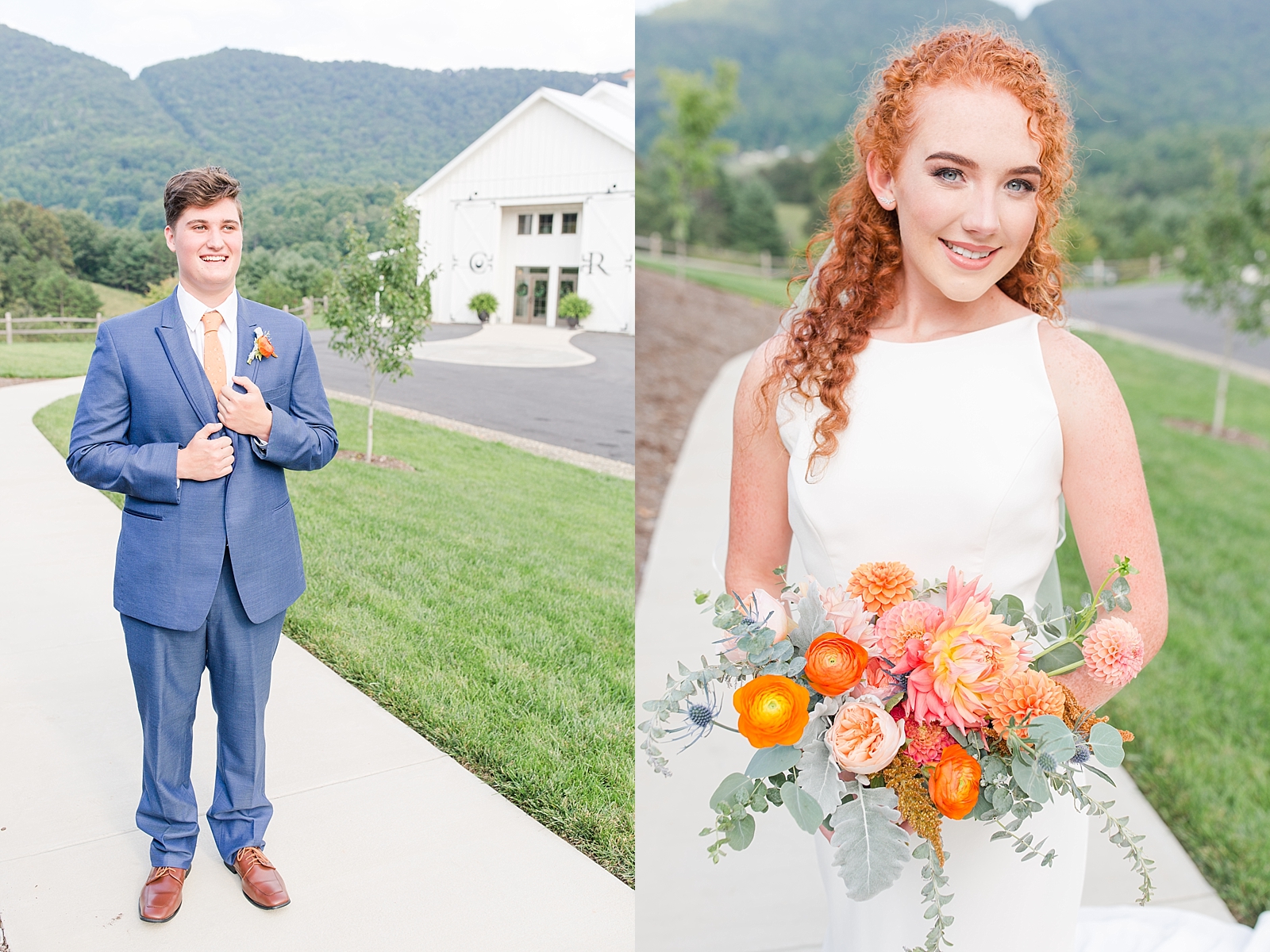 Chestnut Ridge Wedding groom in blue suit and orange tie and bridal portrait with bouquet Photos
