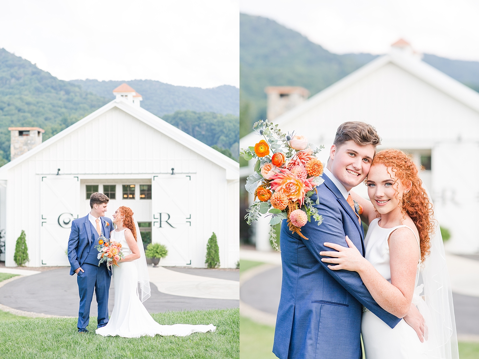 Chestnut Ridge Wedding bride and groom laughing and smiling in front of white barn Photos