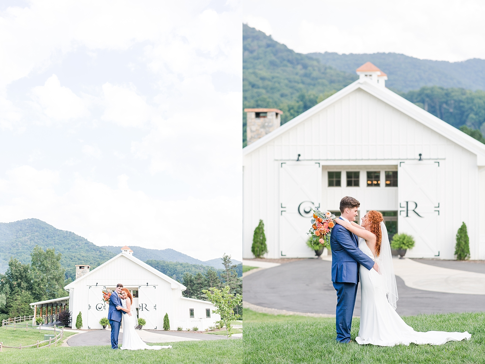 Chestnut Ridge Wedding bride and groom in front of white barn Photos