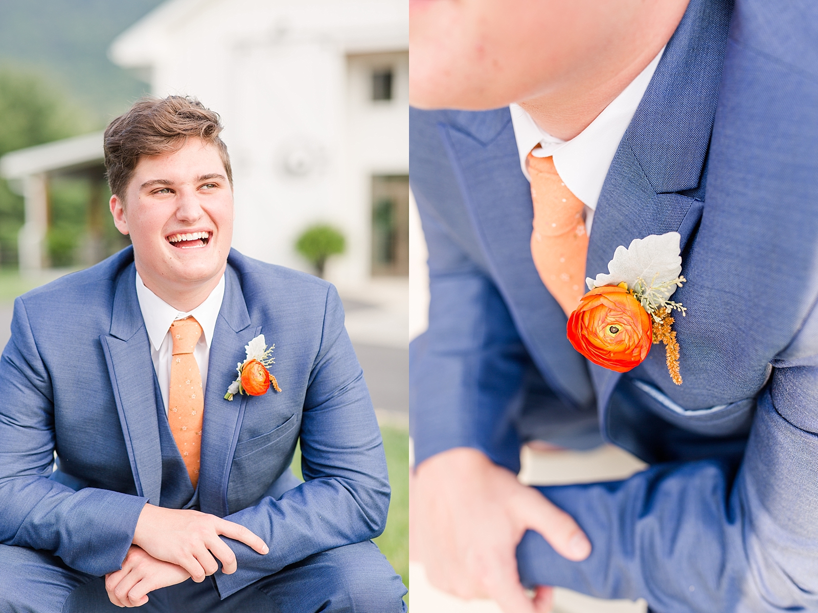 Chestnut Ridge Wedding groom laughing in blue suit with orange tie and orange boutonnière detail Photos