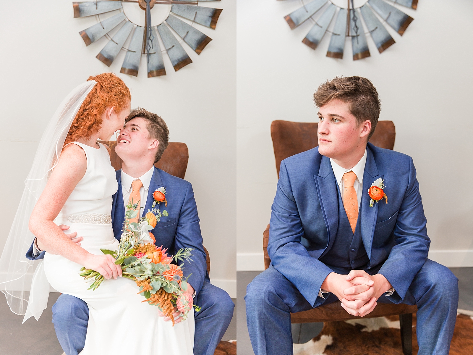 Chestnut Ridge Wedding bride and groom sitting in leather chair and grooms portrait in leather chair Photos