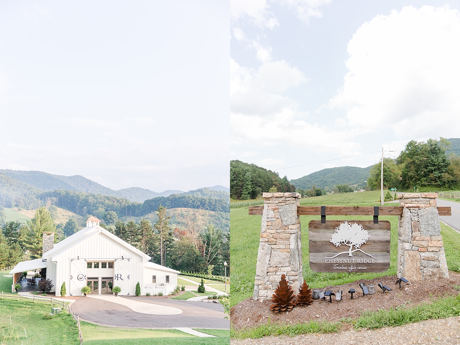 Chestnut Ridge Wedding white barn wedding venue with mountain background and wood venue sign Photos
