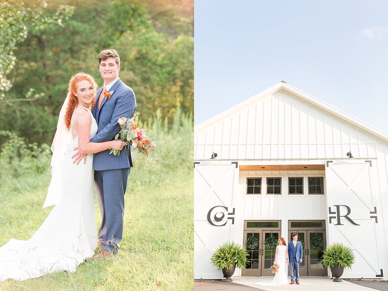 Chestnut Ridge Wedding bride and groom hugging in field and bride and groom looking opposite directions in front of white barn venue Photos