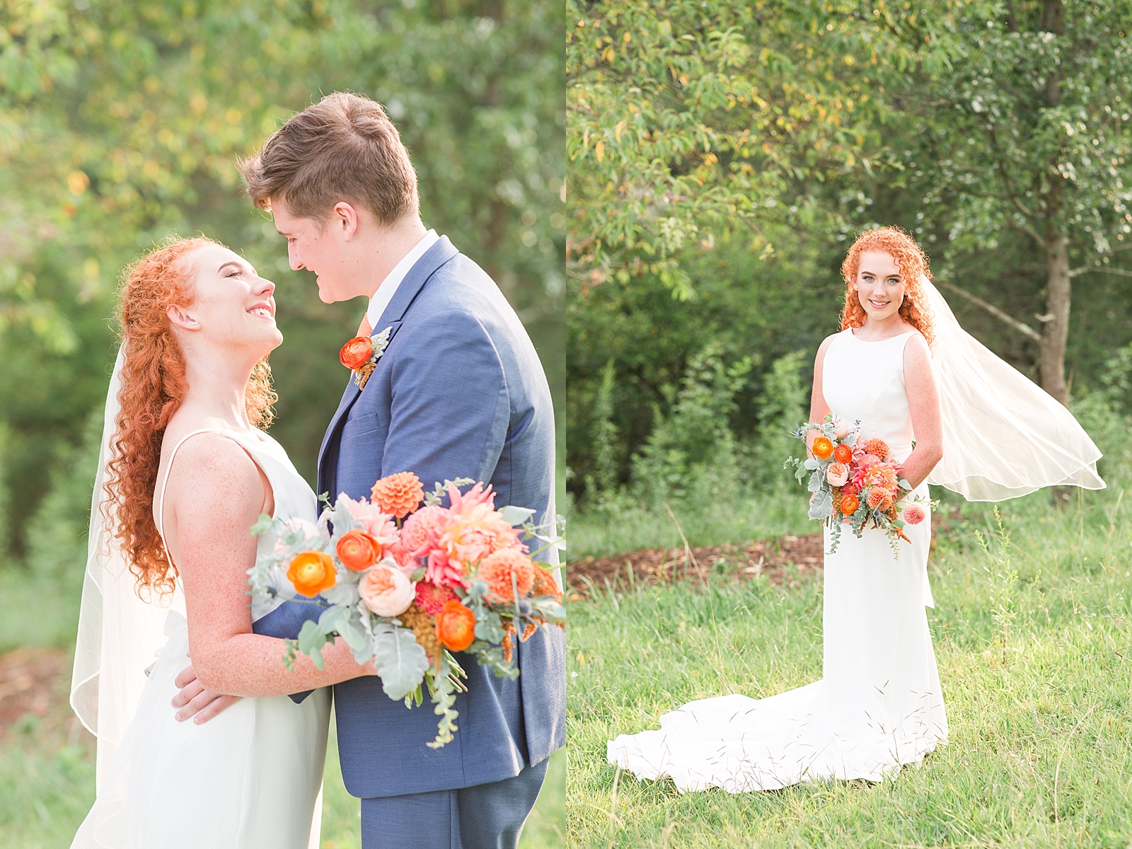 Chestnut Ridge Wedding bride and groom smiling at each other and bridal portrait with veil blowing in the wind Photos