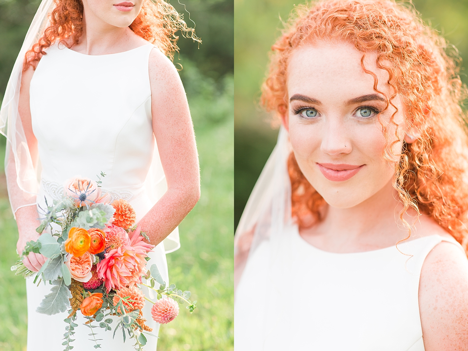 Chestnut Ridge Wedding bridal bouquet detail and bride with red curly hair and blue eyes looking at camera Photos