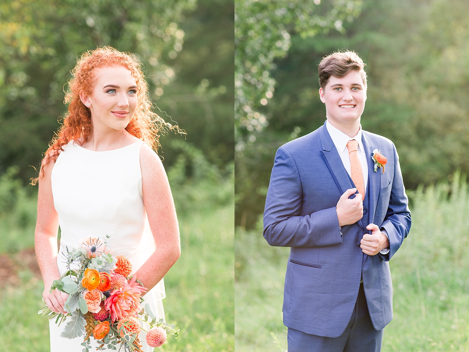 Chestnut Ridge Wedding bridal portrait with hair blowing in wind and groom portrait holding jacket Photos