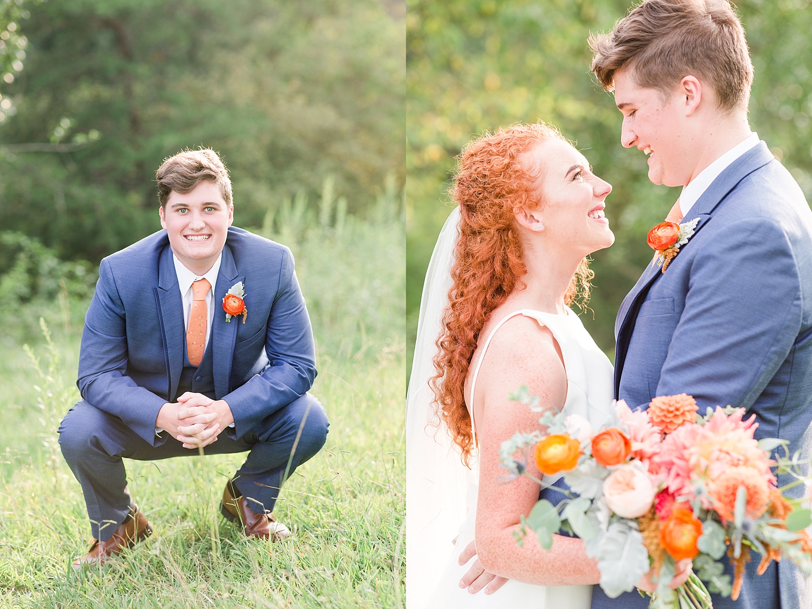 Chestnut Ridge Wedding groom squatting smiling and bride and groom laughing at each other Photos