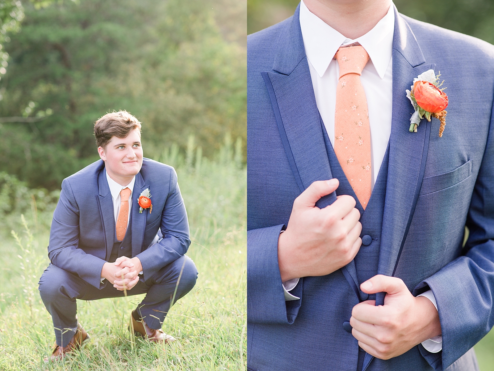 Chestnut Ridge Wedding groom portraits and detail of groom holding blue jacket with orange tie and boutonnière Photos