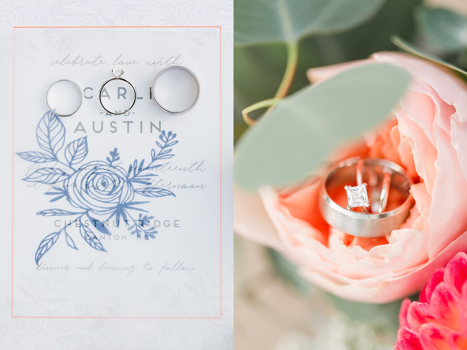 Chestnut Ridge Wedding invitation detail with wedding rings and wedding rings in pink flower detail photos