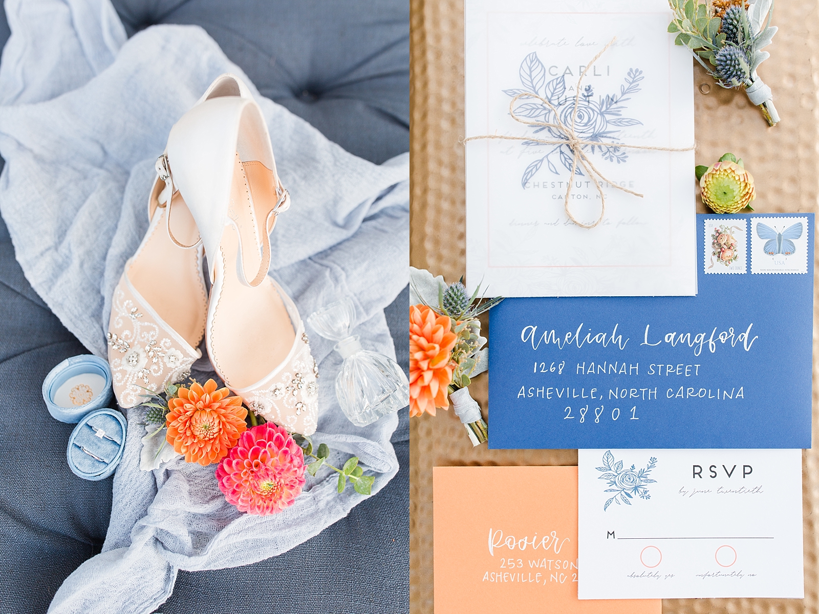 Chestnut Ridge Wedding bridal shoes wedding rings orange and pink flowers and invitation lay flat Photos