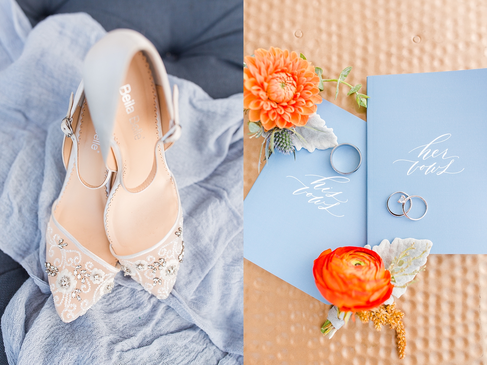 Chestnut Ridge Wedding bridal shoes on blue ottoman and vow books with wedding rings and orange blooms Photos