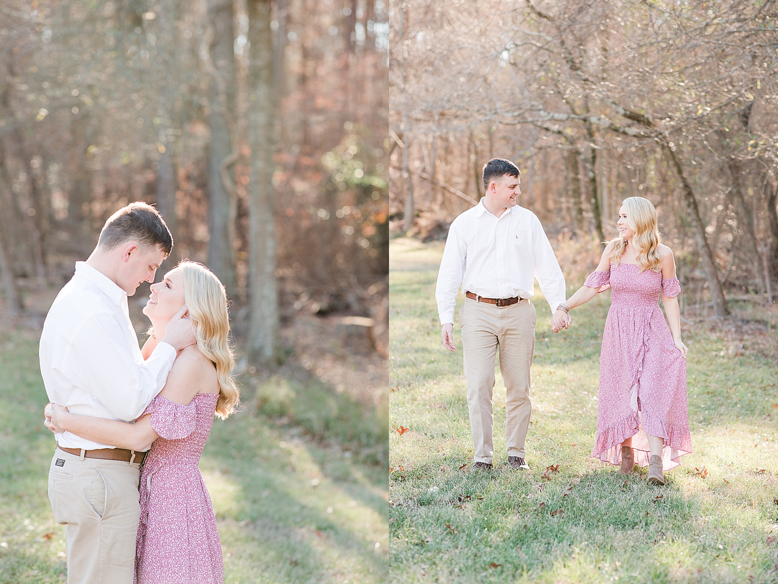 Kennesaw Mountain Engagement Session Couple smiling at each other nose to nose and walking holding hands Photos