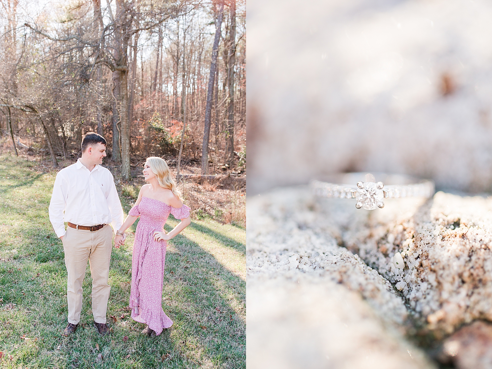 Kennesaw Mountain Engagement Session Couple smiling at each other holding hands and detail of engagement ring Photos