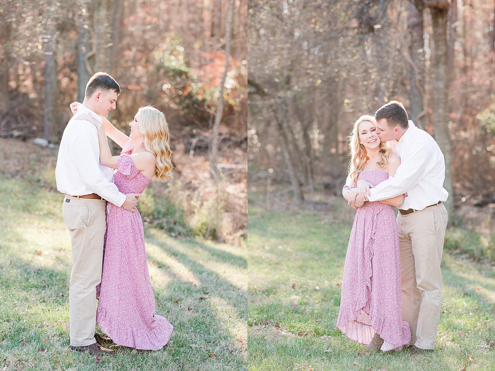 Kennesaw Mountain Engagement Session Couple smiling at each other hugging and Michael kissing Sarah Photos