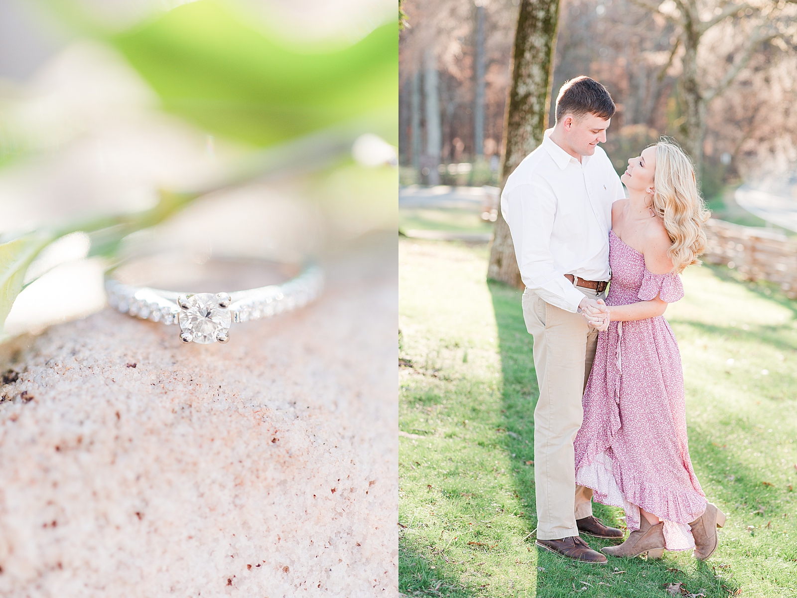 Kennesaw Mountain Engagement Session detail of ring and couple smiling at each other Photo