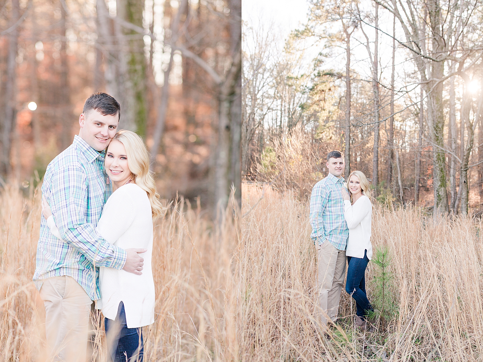 Kennesaw Mountain Engagement Session Couple smiling at camera in tall grass Photos