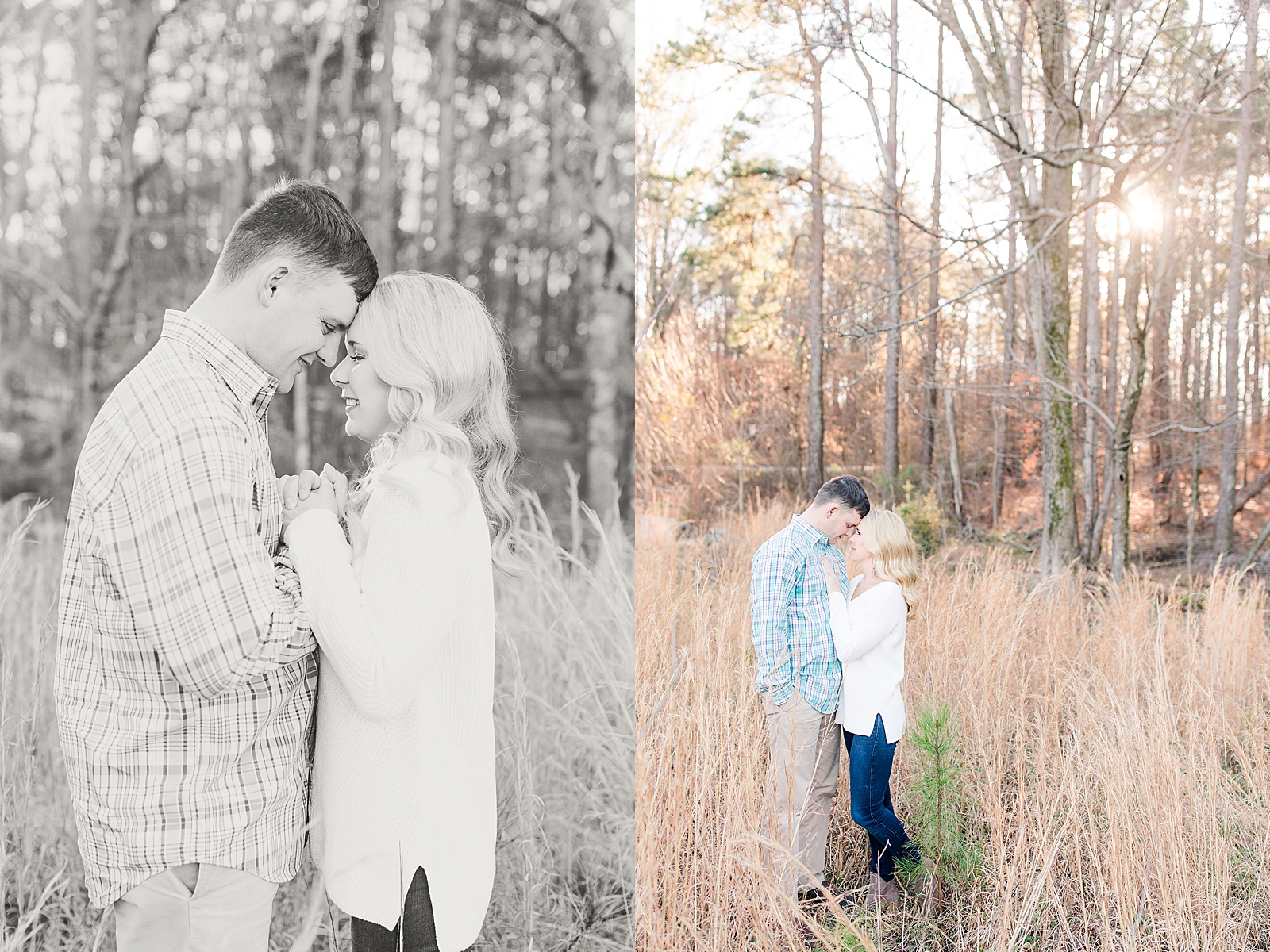 Kennesaw Mountain Engagement Session black and white of couple nose to nose and couple nose to nose in tall grass Photos