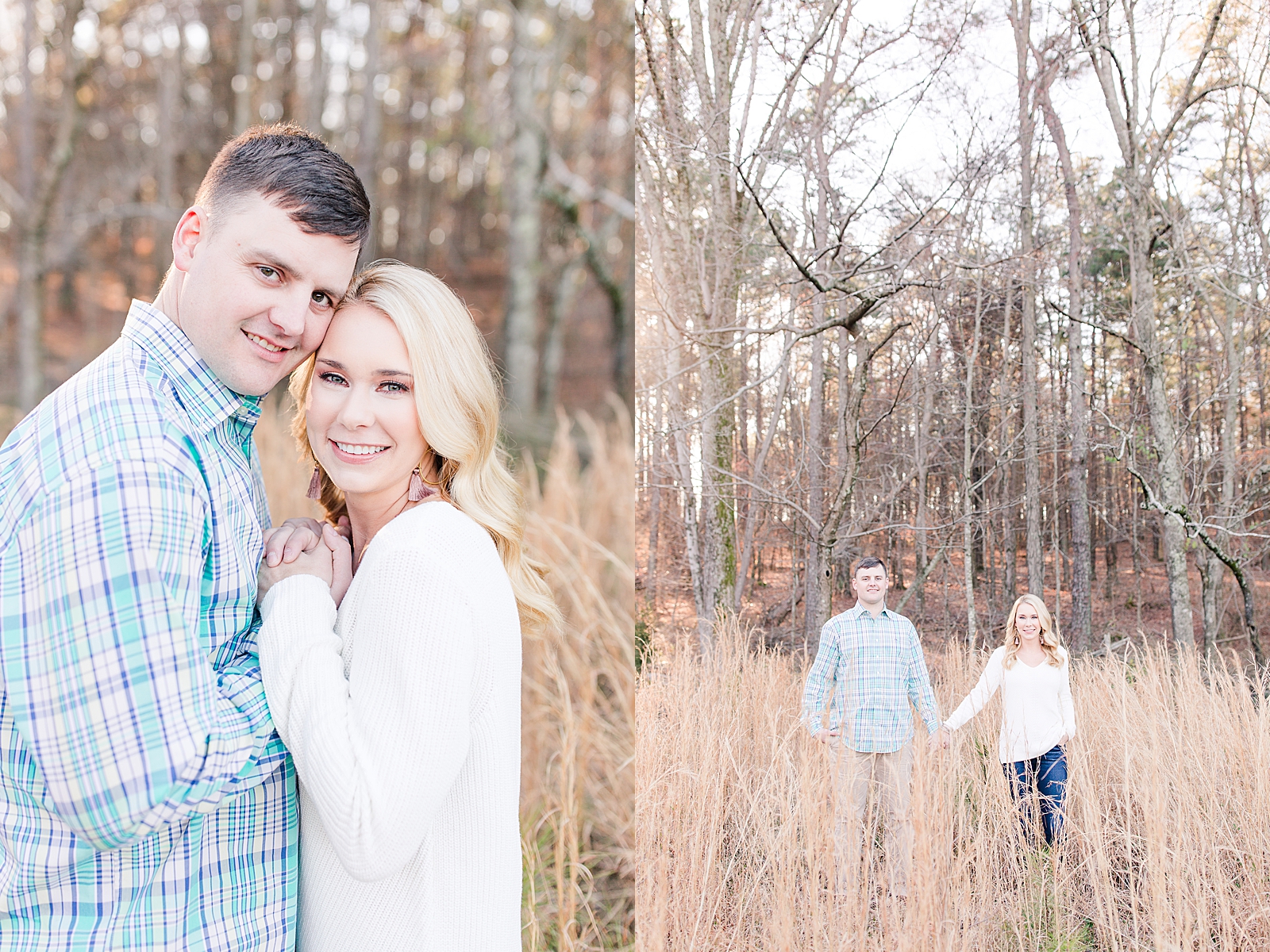 Kennesaw Mountain Engagement Session Couple smiling at camera and couple holding hands in tall grass Photos