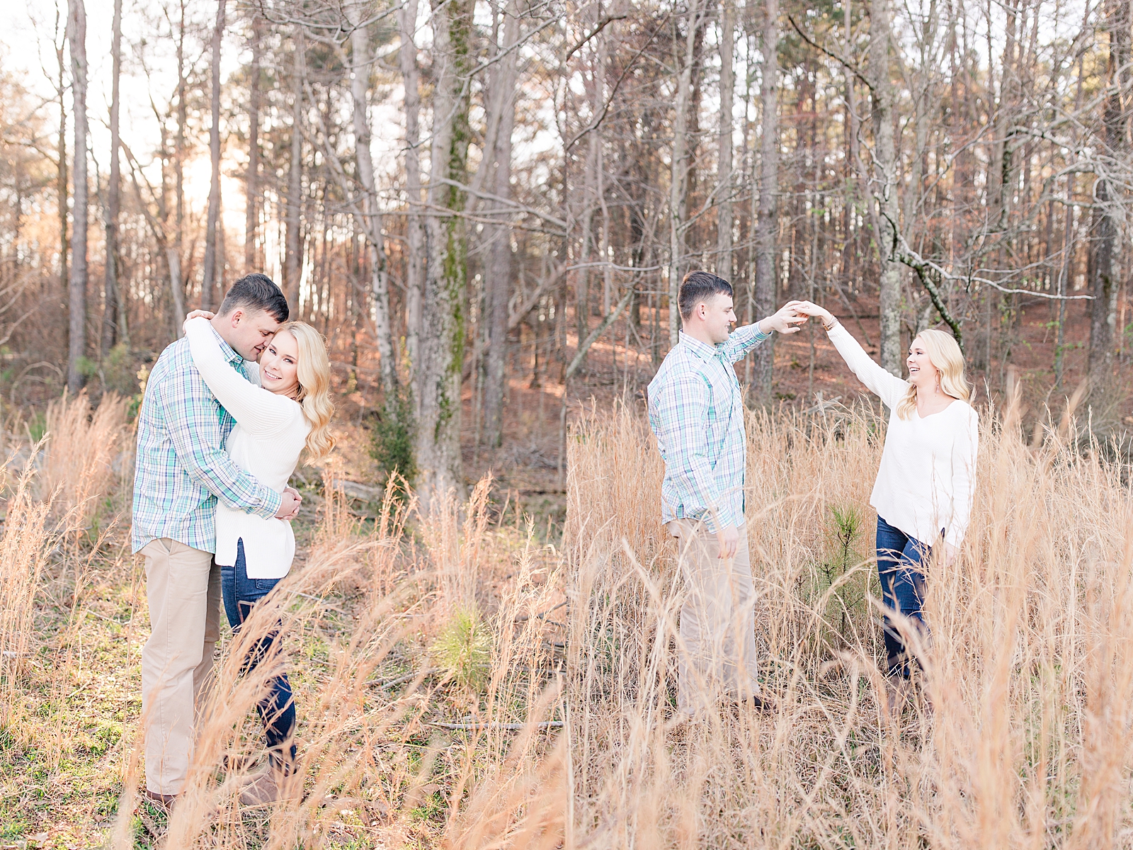 Kennesaw Mountain Engagement Session couple hugging and spinning in tall grass Photos
