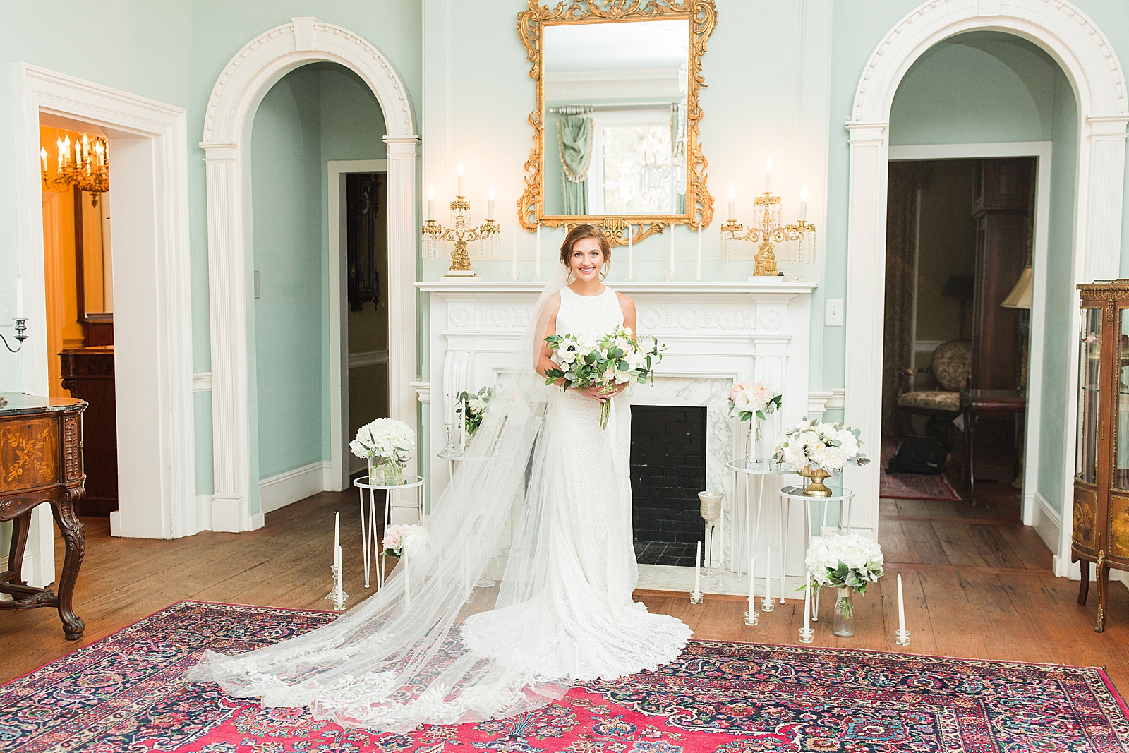 Charleston Bridal Session Hannah in front of fires place in room at Lowndes Grove Photo
