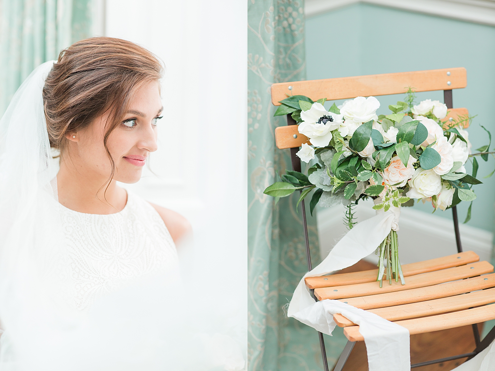 Charleston Bridal Session Hannah smiling out the window and detail of bouquet in chair photos 